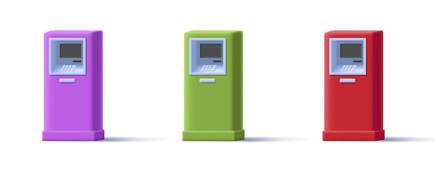 Colorfull atm bank cash machine in different color d illustration