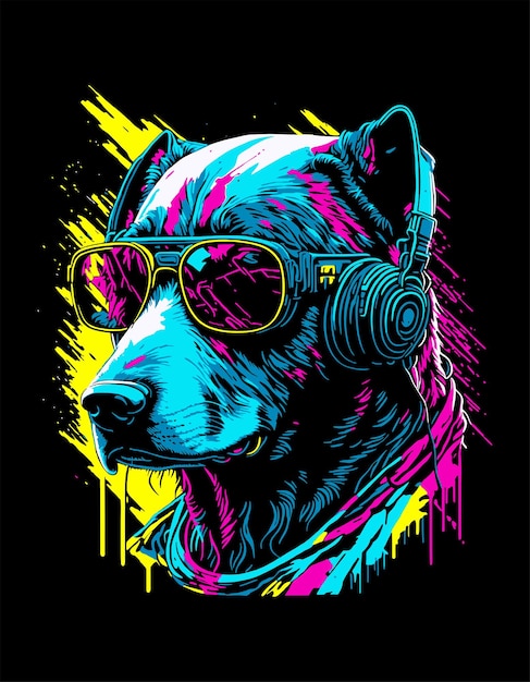 colorfull face dog with headphone illustration