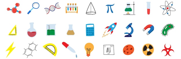 Vector colorfull science doodle icon pack bundle education school chemistry biology symbol math