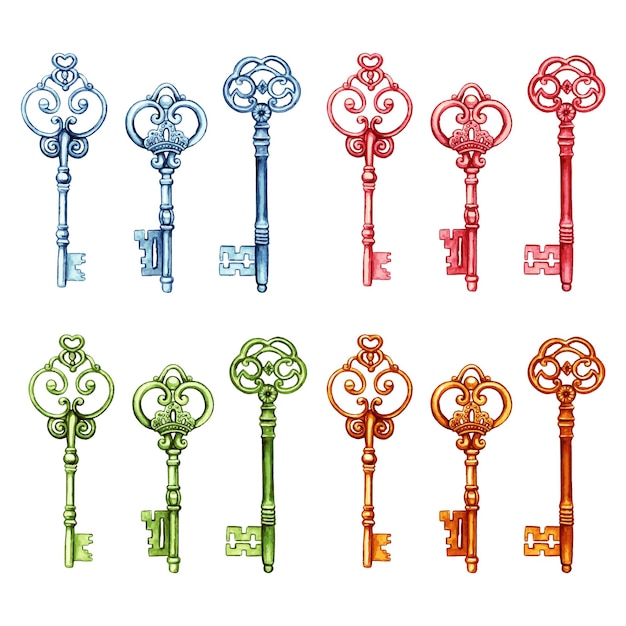 Colorfull vintage victorian keys pink blue green gold