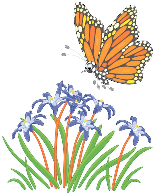 Vector colorfully decorated butterfly danaid monarch flying over beautiful wildflowers on a field