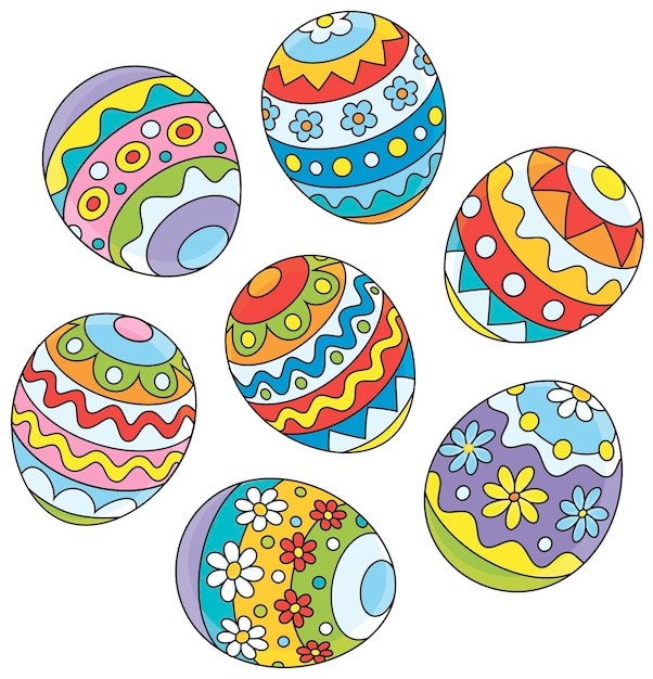 Colorfully decorated traditional Easter gift eggs isolated on a white background
