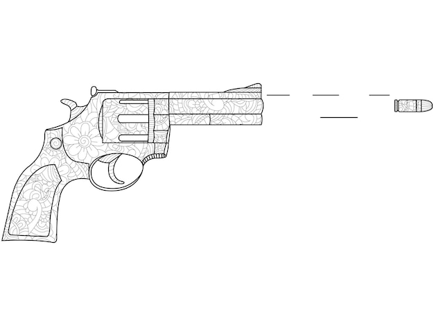 Vector coloring adults the revolver shoots the bullet flies patterns chaotic black lines white background