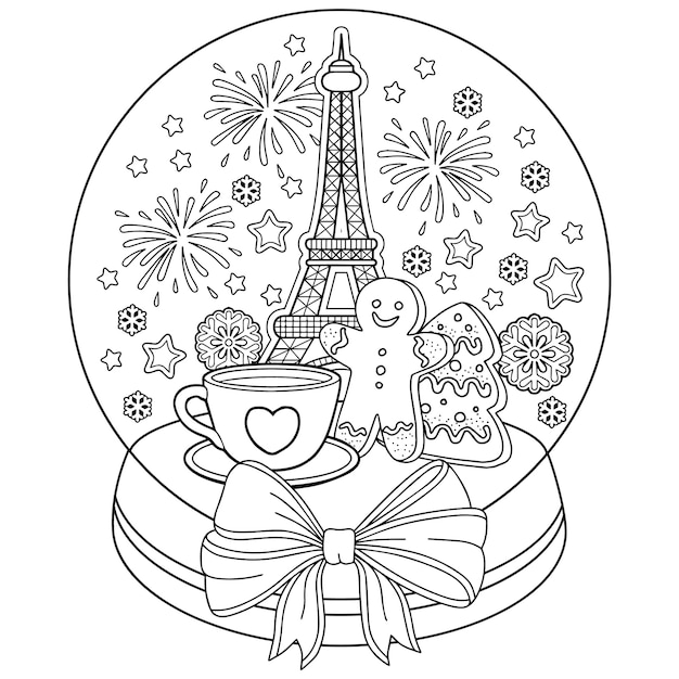 Coloring for adults, snow globe with eiffel tower