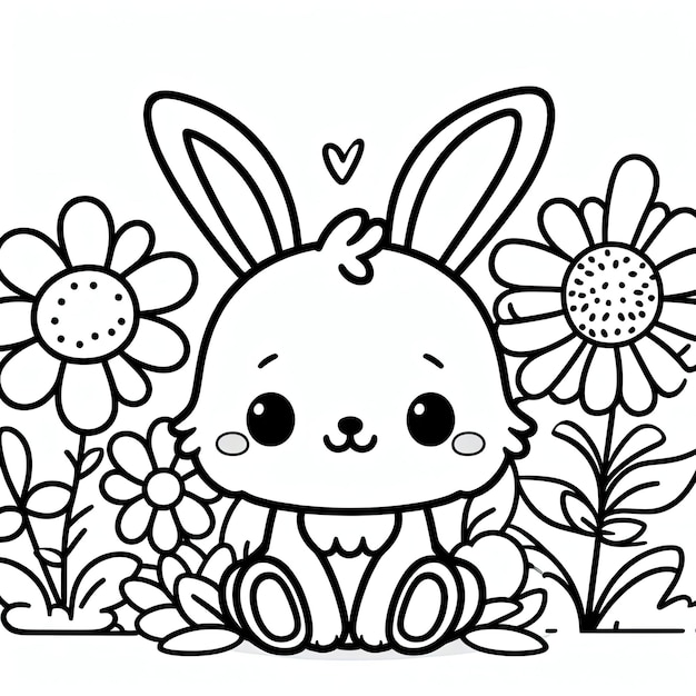 Раскраска для всех возрастов. Легкая иллюстрация кролика и цветка