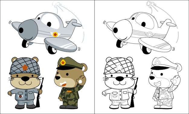 Coloring animals army cartoon with funny plane