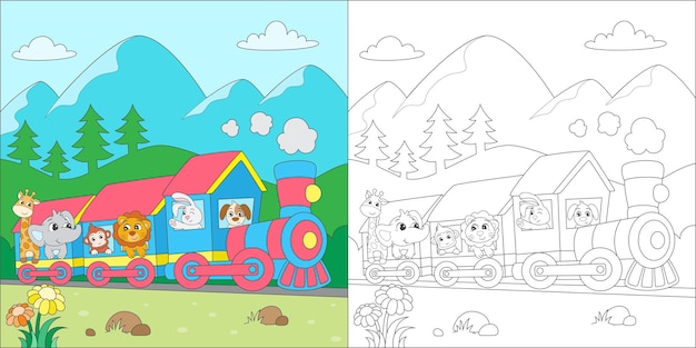 Coloring animals riding a train