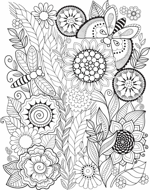 Coloring book for adult. Fantasy doodle flowers on a white background