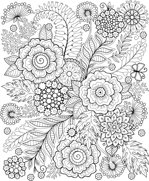 Libro da colorare per adulti. fiori di doodle di fantasia su uno sfondo bianco