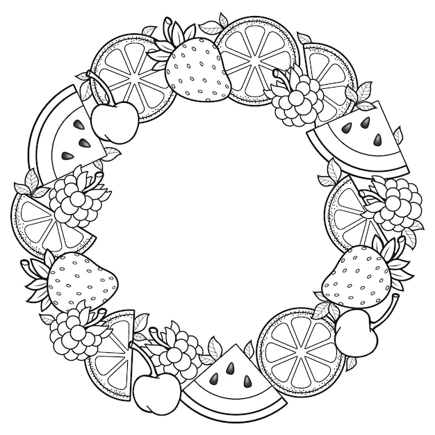 Vector coloring book for adult round frame of watermelon strawberries citrus cherries and strawberries black and white