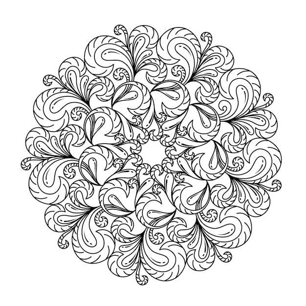 Coloring book for adults with a round mandala with curls on a white background in vector