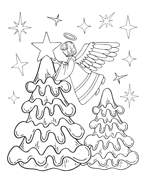 Libro da colorare angelo natale abete line art stella di betlemme su un albero di abete illustrazione vettoriale in bianco e nero disegnata a mano