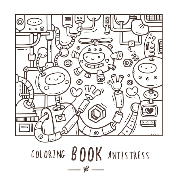 Libro da colorare antistress con simpatici robot cartoni animati doodle stampa con gioiose creature meccaniche poster cyborg line art