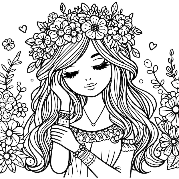 Coloring book beautiful girl with wreath of flowers and hearts vector illustration