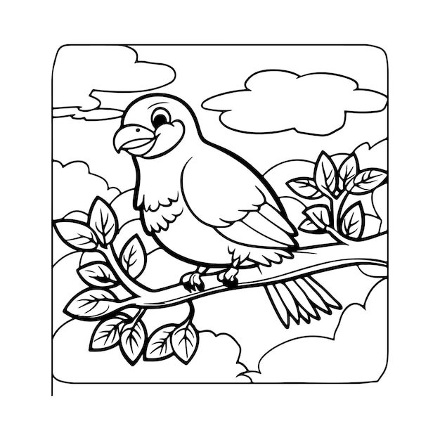 Vector coloring book of a bird sitting on a branch