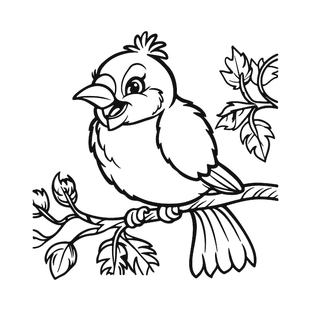 Coloring book of a bird sitting on a branch