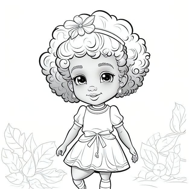 coloring book for children black and white cartoon style small girl with african Halloween