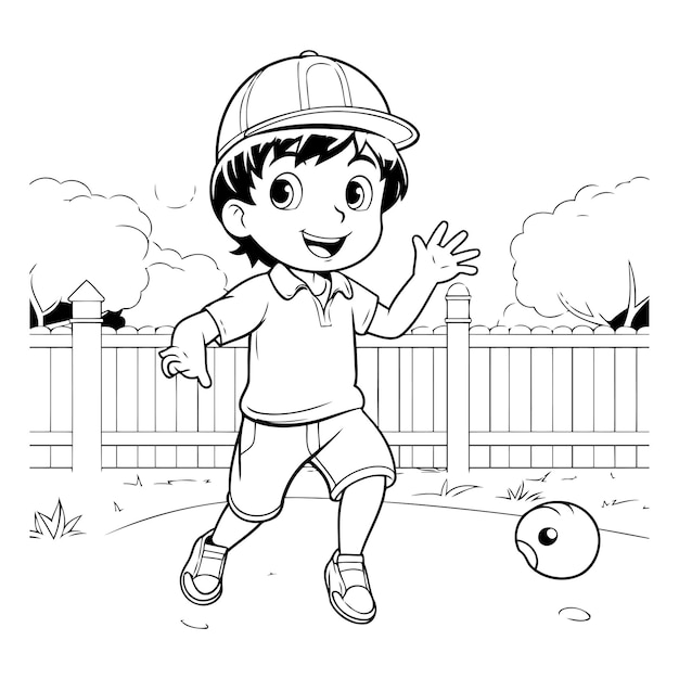 Coloring book for children Boy playing soccer Vector illustration