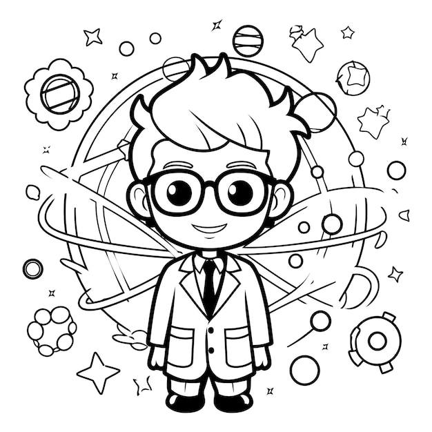 Coloring book for children boy in science costume Black and white vector illustration