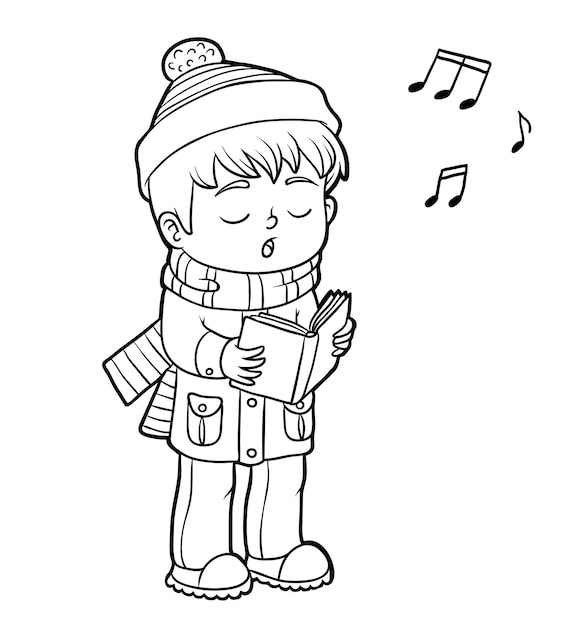 Coloring book for children, Boy singing a Christmas song