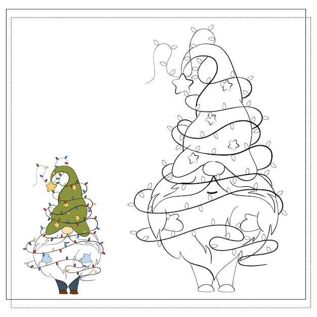 Coloring book for children Cartoon Christmas gnome with Christmas lights