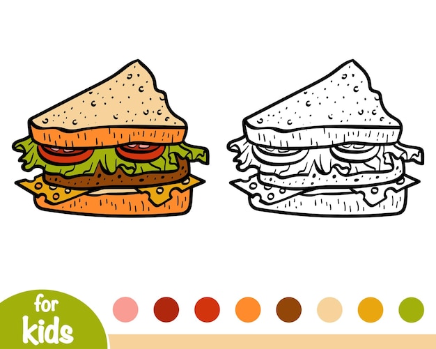 Libro da colorare per bambini, cartone animato sandwich