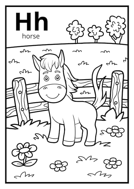 Coloring book for children, colorless alphabet. Letter H, horse