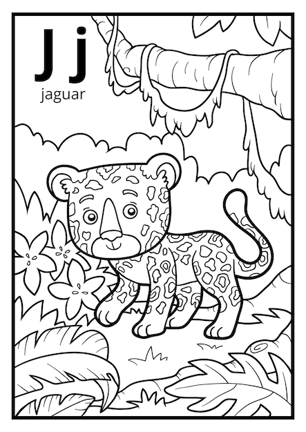 Coloring book for children, colorless alphabet. Letter J, jaguar