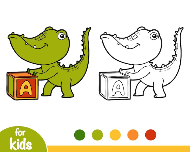 Coloring book for children, crocodile and cube