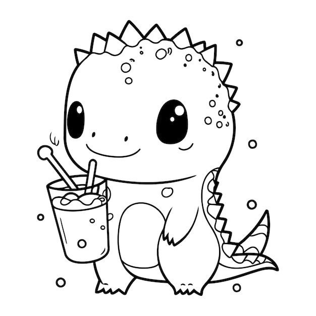 Coloring book for children Cute dinosaur with a glass of juice