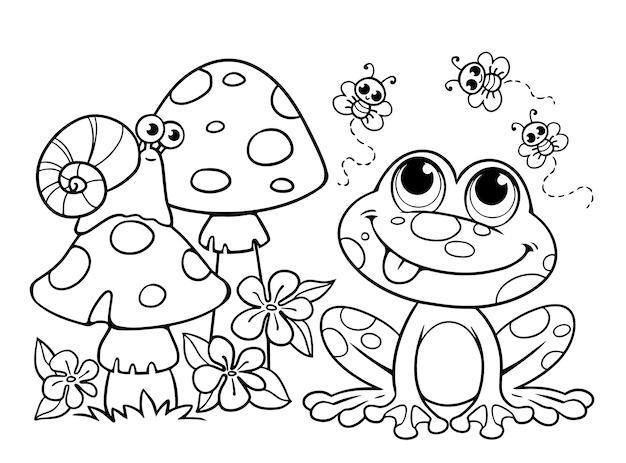 Coloring book for children A cute frog sits next to fly agaric and butterflies Flies snail toad