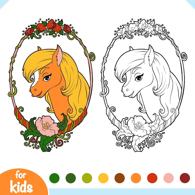 Coloring book for children Cute horse in a floral frame