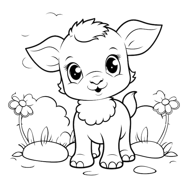 Coloring book for children Cute little baby goat with flowers