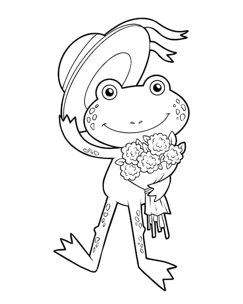 Coloring book for children Cute little frog with a bouquet of flowers