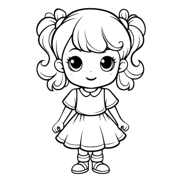 Coloring book for children a cute little girl in a dress