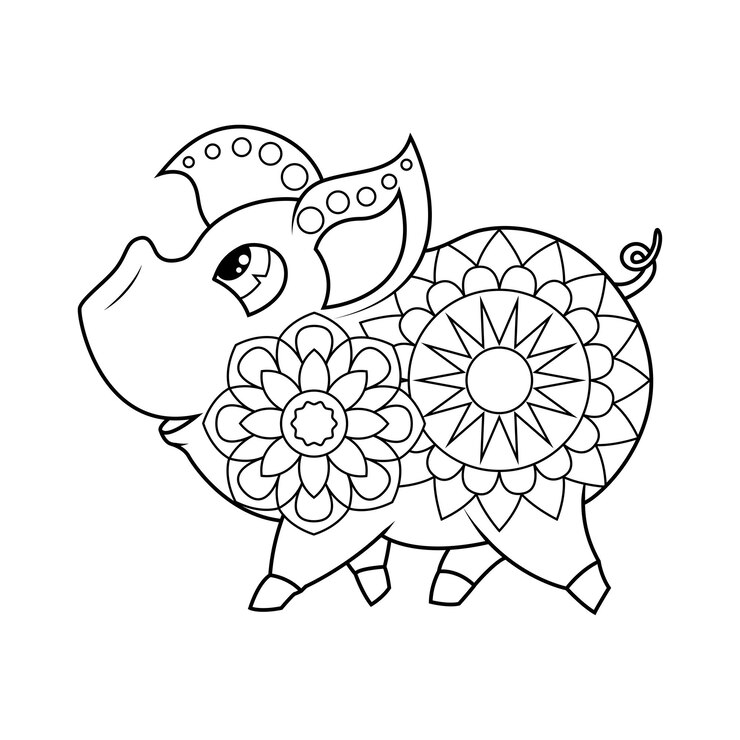 Coloring book for children Cute pig runs and looks up in zentangle style