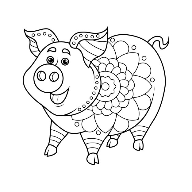 Coloring book for children Cute pig in zentangle style