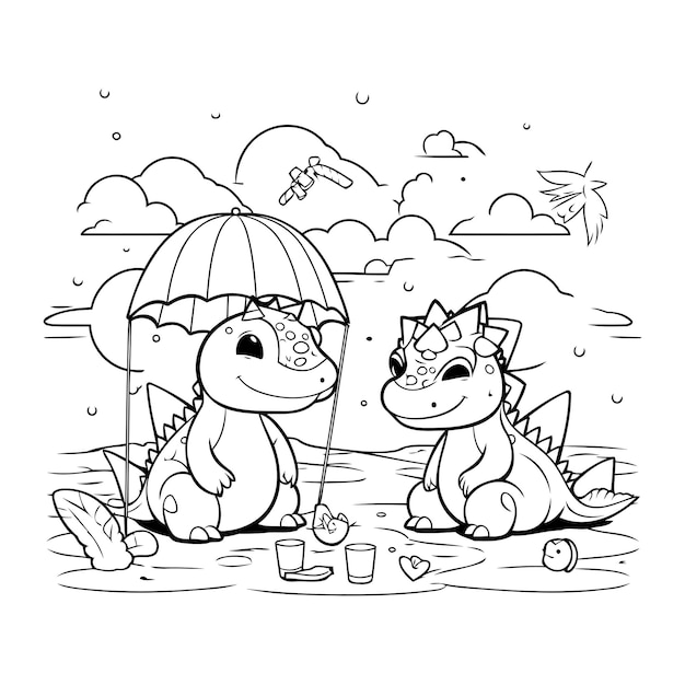 Coloring book for children dinosaur in the rain with an umbrella