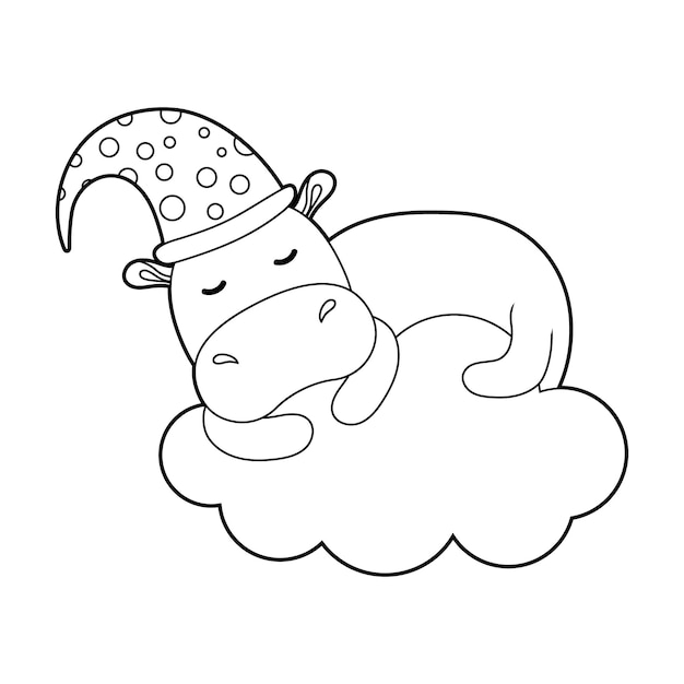 Coloring book for children Draw a cute cartoon cute hippo sleeping on a cloud based Vector