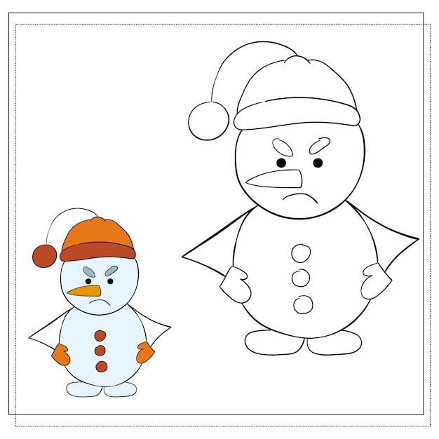 Coloring book for children Draw a cute cartoon snowman based on the drawing Vector illustration