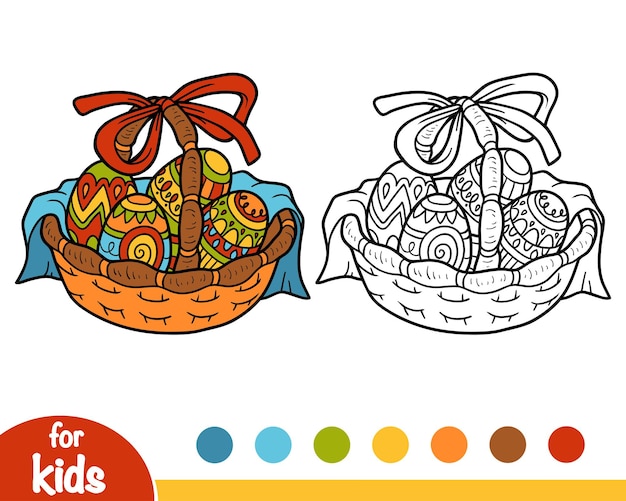 Coloring book for children, Easter basket with colored eggs