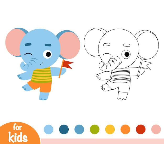 Coloring book for children, elephant and a flag