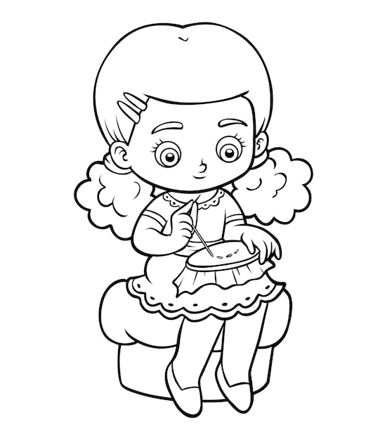 Coloring book for children Embroidering girl