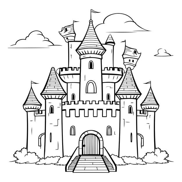 Coloring book for children fairy tale castle Black and white vector illustration