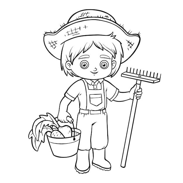 Coloring book for children Farmer boy with rake and bucket