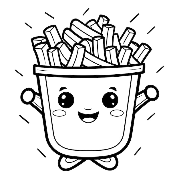 Coloring book for children French fries in a bucket