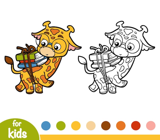 Libro da colorare per bambini, giraffa e libri