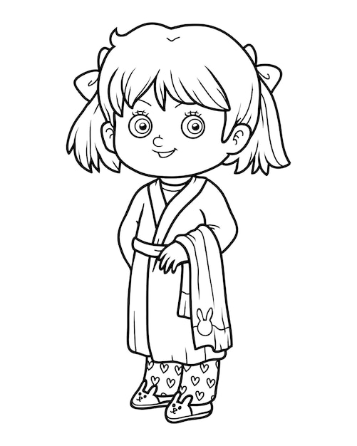 Vector coloring book for children, girl in a bathrobe