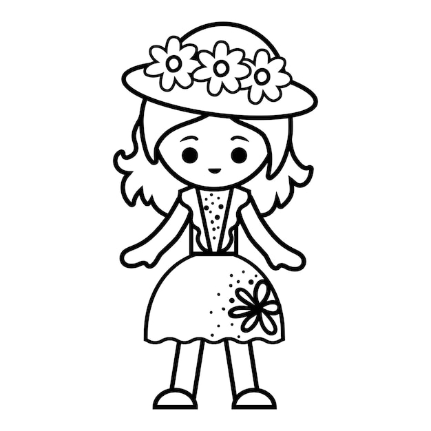 Coloring book for children, Girl in hat and summer dress