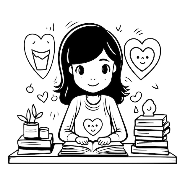 Coloring book for children Girl reading a book with heart icons